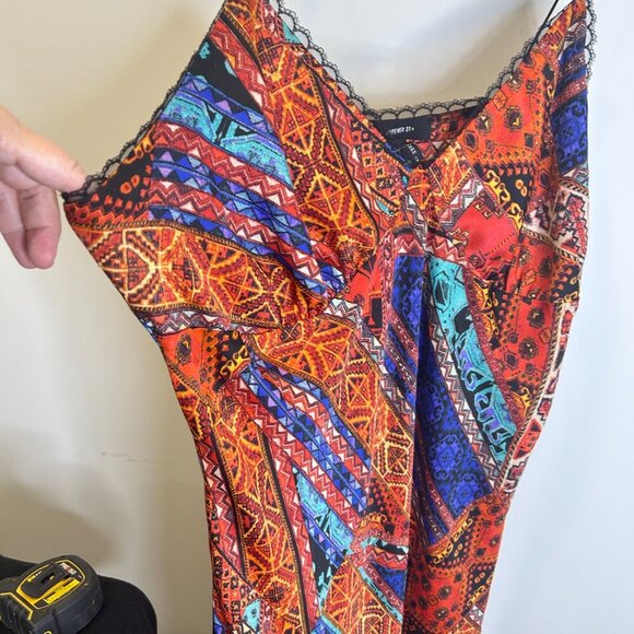 Forever 21 Orange Abstract Print Slip Dress Sz 3X Maxi Silky Lace Trim - Picture 5 of 6